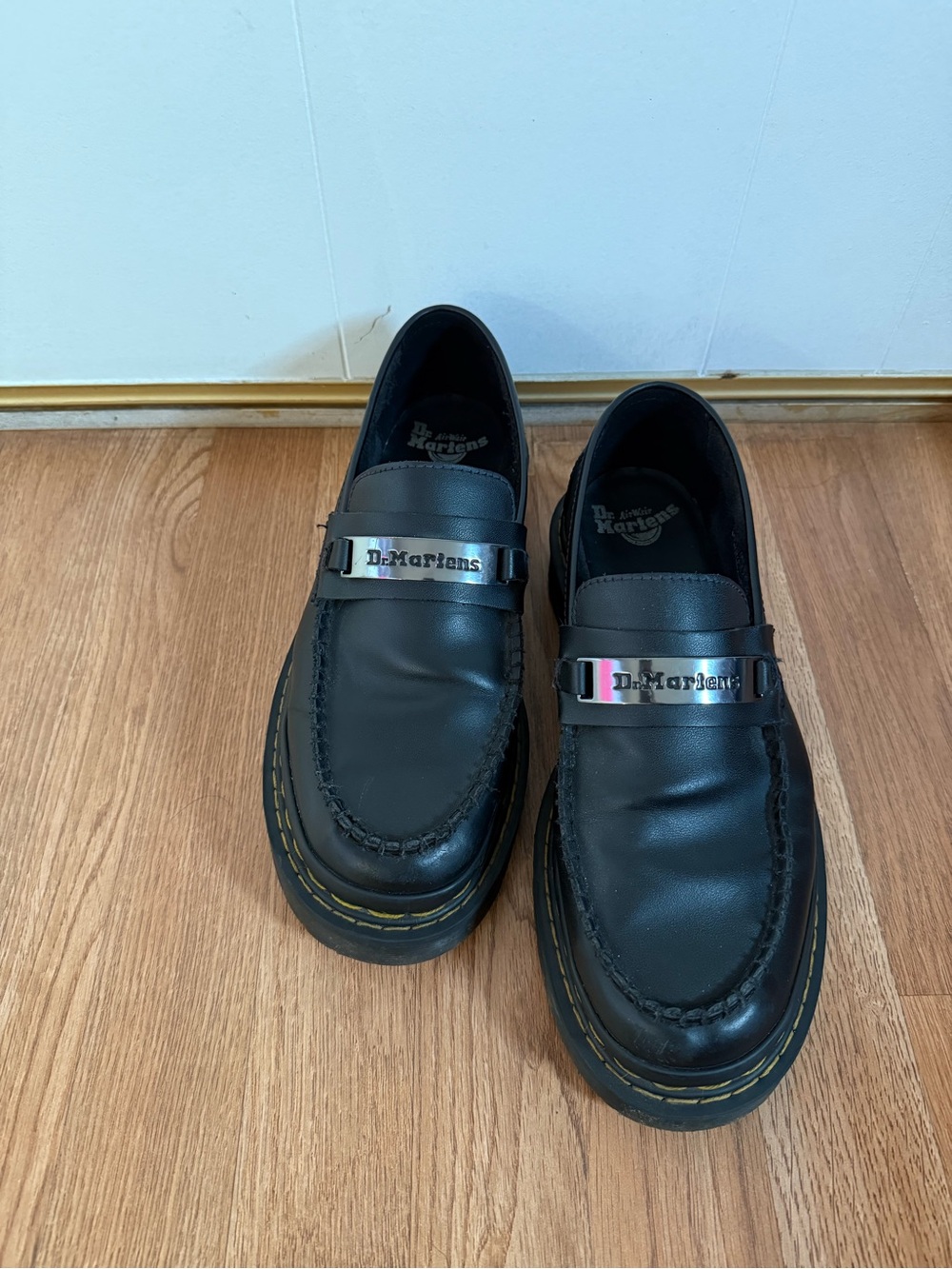 Dr. Martens Black Leather Penny Loafers with Yellow Stitching and Silver Plate - Picture 3 of 7